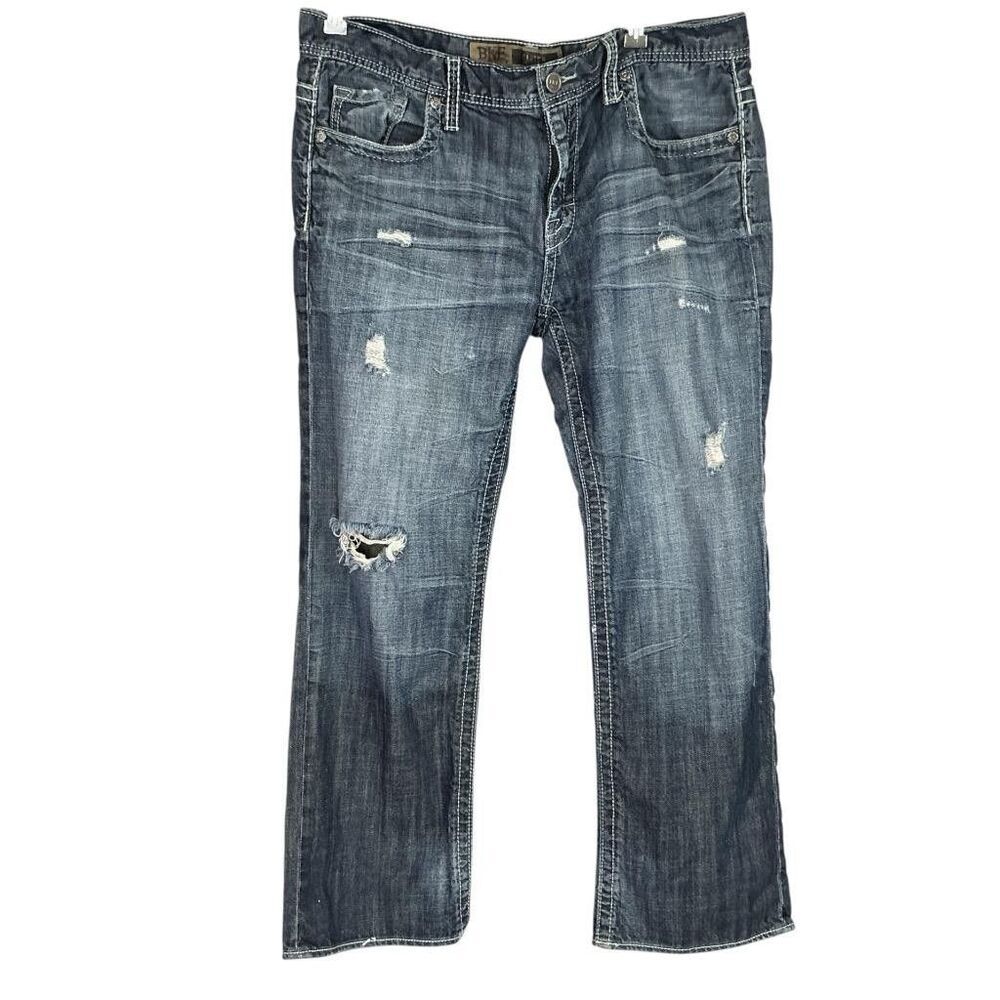 BKE Jeans Men 38X30 Blue The Buckle Carter Straight DIstress Cotton Medium Wash